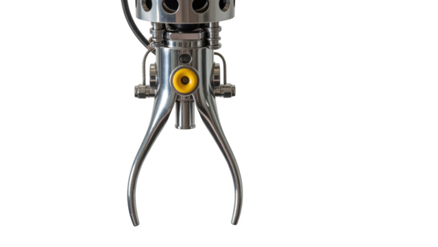 Metal claw machine part shiny metallic finish industrial design mechanical component robotic arm precision engineering technology automation close