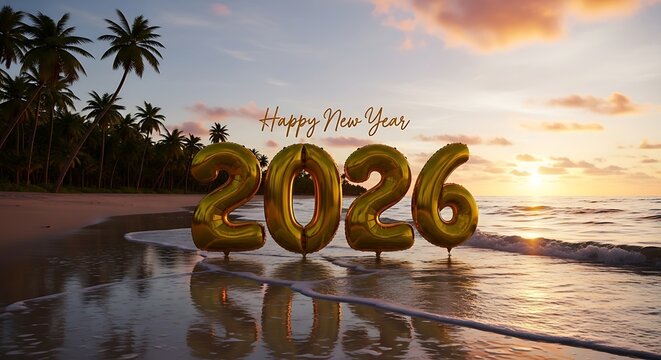 Golden 2026 balloons floating on a tropical beach shoreline at sunset with palm trees