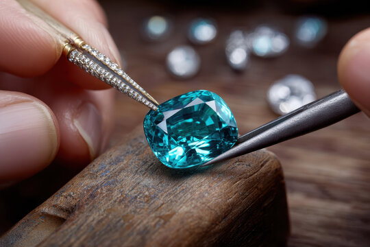 Close examination of a stunning turquoise gemstone during crafting process at a jewelry workshop