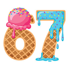 Sweet number 6 and 7 made of waffle cones with melting ice cream and colorful sprinkles for celebration