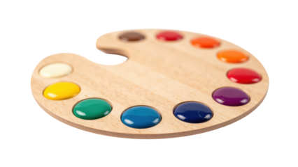 Wooden artist palette with vibrant paint colors arranged in circular pattern, showcasing variety of hues for creative expression