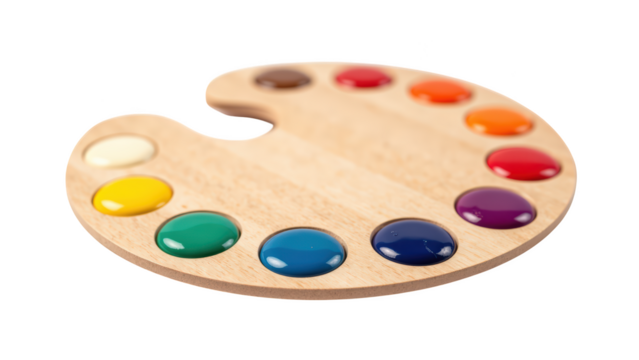 Wooden artist palette with vibrant paint colors arranged in circular pattern, showcasing variety of hues for creative expression