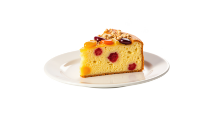 Delicious cake slice with vibrant fruit pieces, topped with nuts, served on white plate, showcasing delightful dessert experience