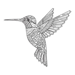 Intricate black and white line art illustration of a hummingbird in flight with detailed feather patterns