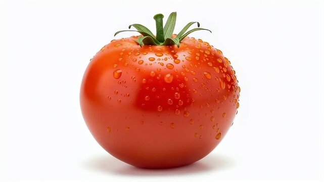 A vibrant, ripe red tomato stands prominently against a crisp white background, glistening with fresh water droplets. The healthy vegetable showcases its smooth, unblemished skin and verdant green ste