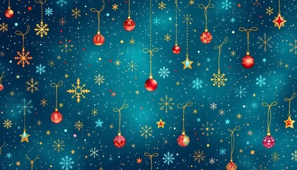 Bright and colorful Christmas ornaments hanging from a blue background, creating a festive holiday atmosphere with snowflakes Generative AI