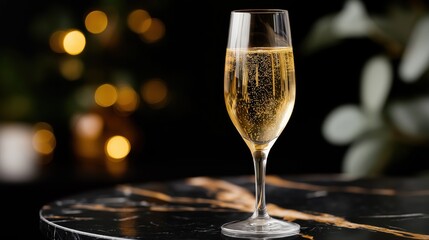 Elegant champagne flute filled with sparkling wine sits on a glossy marble table, glowing with golden festive lights in background.