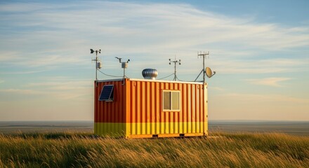 Weather Monitoring Station Container in a Grassy Field Under a Cloudy Sky.