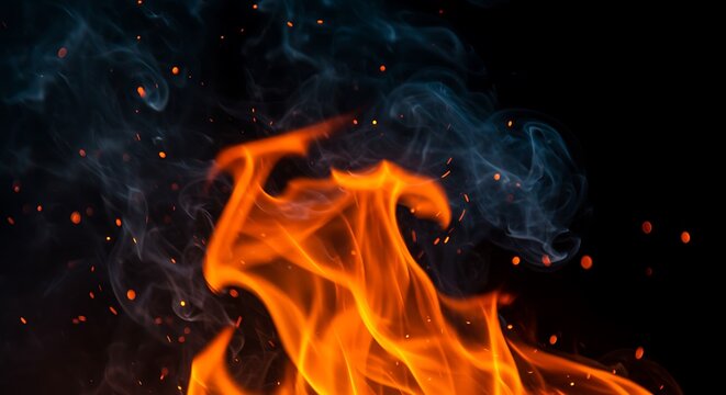 Closeup of vibrant orange flames and wisps of blue smoke against a dark background, with glowing embers scattered throughout - Powered by Adobe