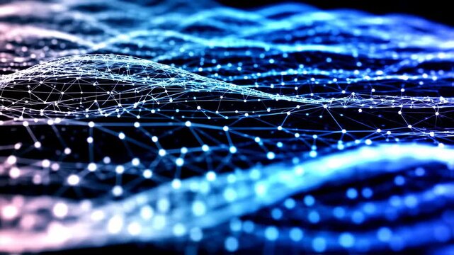 Abstract digital illustration of connected glowing nodes forming undulating wave patterns on a dark background