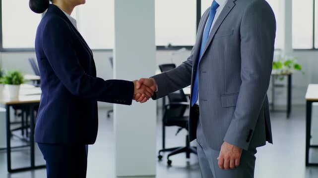 Two formally dressed people shake hands in an office setting. One wears a blue tie