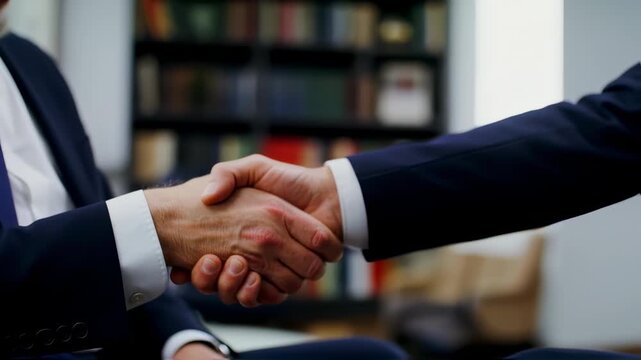 Close-up of two people in formal suits shaking hands, with a blurred bookshelf in the background