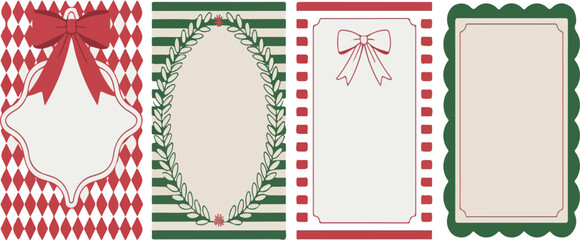 Four Christmas themed cards with bows and borders card, christmas, bow, red, green, border, frame, ornate, ribbon, striped, pattern, diamond, wreath, oval, rectangle, scalloped, paper, design, vintage