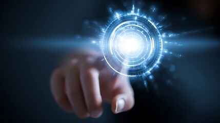 Futuristic Human Hand Touching Digital Interface with Bright Light and Neon Glowing Elements