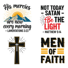 Collection of four inspiring christian quotes and bible verses with religious symbols and graphics for t shirts