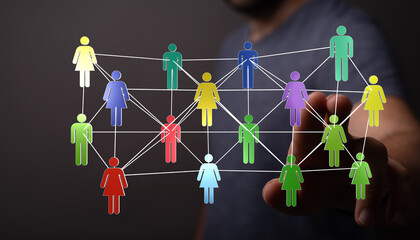 Concept of communication and team work. Networking, technology, social media and global connections with colorful people. Business and community