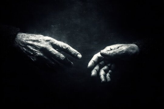 Outstretched hands reaching in a dim, dramatic light, one worn and tattered, suggesting hope, despair, or a plea for connection in dark times