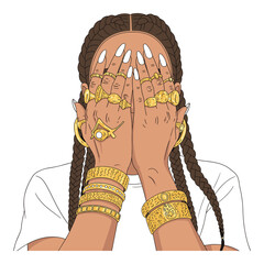 Stylish woman with intricate braids and hands adorned with numerous gold bangles and rings covering her face