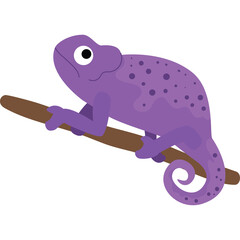 A Purple Chameleon with Dark Spots Perched on a Brown Twig Against a White Background Detailed Illustration
