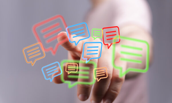 Communication and connection are highlighted by vibrant chat bubbles, symbolizing modern digital interaction, networking and social engagement w