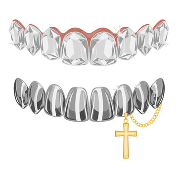 Close up of a set of shiny silver grillz with a gold cross pendant hanging from the bottom row of teeth