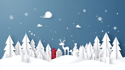 Paper-cut winter landscape with snowy trees, reindeer, and falling snowflakes under a blue sky, creating a festive and minimalistic Christmas holiday scene with layered white silhouettes