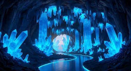 Mystical Blue Crystal Cave With Flowing River - Enchanting Underground Landscape Background