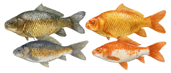 A detailed illustration of four distinct goldfish species swimming gracefully, showcasing their vibrant colors and unique patterns against a plain background, ideal for educational purposes