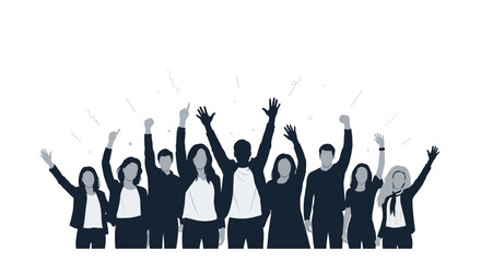 Diverse group of people raising hands in celebration and unity against a white background with confetti elements