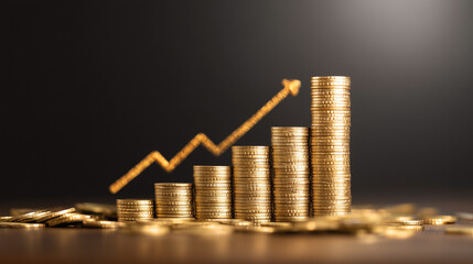 Coin stacks with an ascending trend line, illustrating financial improvement, asset growth, investment success, and long-term economic strengthening