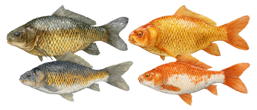 A detailed illustration of four distinct goldfish species swimming gracefully, showcasing their vibrant colors and unique patterns against a plain background, ideal for educational purposes