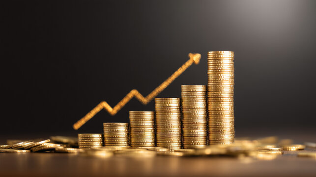 Coin stacks with an ascending trend line, illustrating financial improvement, asset growth, investment success, and long-term economic strengthening