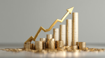 Pilha de moedas organizadas em níveis crescentes acompanhada de seta dourada, simbolizando lucro, crescimento financeiro, investimento, patrimônio e desempenho positivo no mercado econômico
