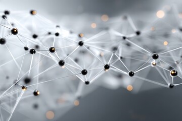 Black spheres connected with lines on a grey background, visualizing network and data connectivity