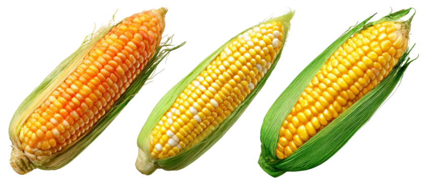 Freshly harvested corn cobs of vibrant yellow and orange hues displayed against a clean background, showcasing their natural textures and colors for culinary use