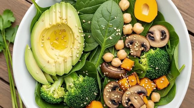 A visually appealing, close-up overhead shot showcases a vibrant and healthy salad bowl, meticulously arranged with a bounty of fresh ingredients. A perfectly sliced avocado, drizzled with oil and spr