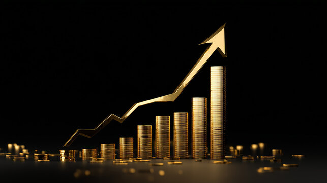 Moedas empilhadas formando gr&aacute;fico de crescimento dourado, simbolizando sucesso financeiro, lucro e expans&atilde;o econ&ocirc;mica. Ideal para neg&oacute;cios, investimentos e an&aacute;lise de mercado