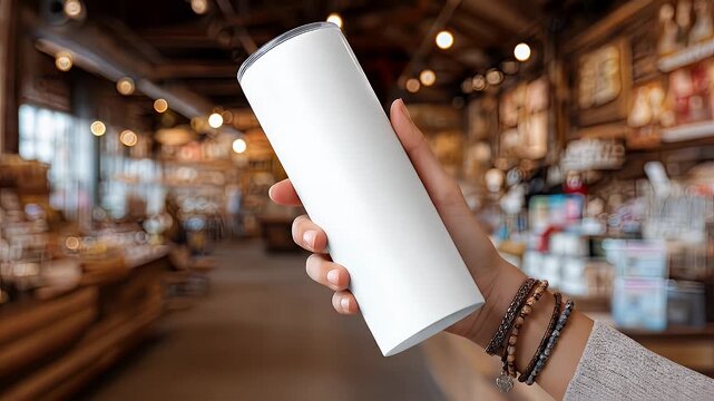 Hand holding blank white tumbler in a cozy coffee shop background for mockup.