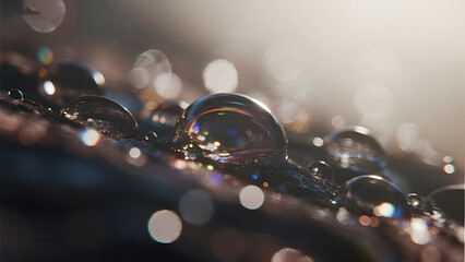 Naklejka premium Water Droplets, Macro Photography, Raindrops, Dew, Reflections, Nature Closeup, Morning Dew, Bokeh Background