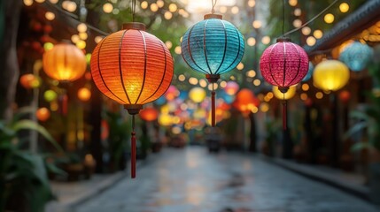 Colorful lanterns illuminate a festive Asian street at night
