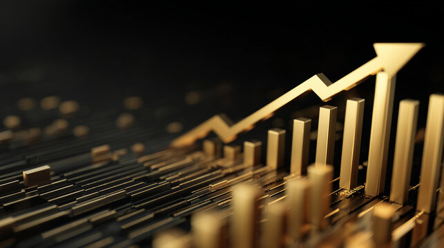 Gold financial bar chart with an upward arrow symbolizing profit growth, positive market trends, and strong business performance - Powered by Adobe