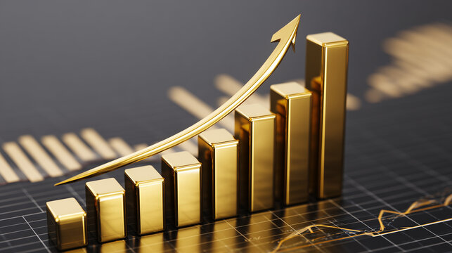 Golden bars arranged as an increasing financial chart, representing economic growth, wealth accumulation, and strong long-term investment performance