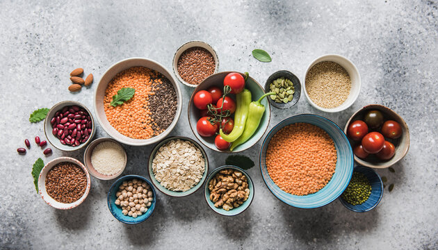 Top view arrangement of plant-based protein sources like lentils, beans, oats, nuts, and seeds, mixed with fresh vegetables in various bowls on a gritty gray surface, promoting a vegan and healthy die