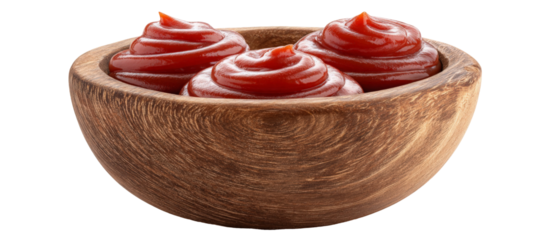A rustic wooden bowl filled with three swirls of rich red ketchup, placed on a clean surface, ideal for culinary presentations or food-related content