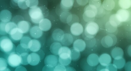 Abstract bokeh lights in teal and green hues, creating a soft, dreamy, and ethereal background effect with subtle sparkling particles