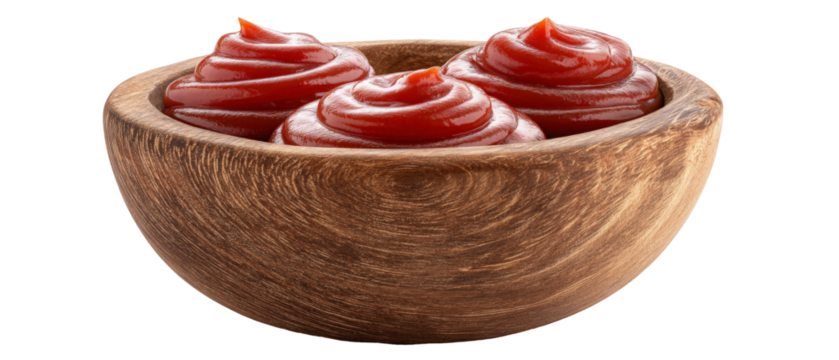 A rustic wooden bowl filled with three swirls of rich red ketchup, placed on a clean surface, ideal for culinary presentations or food-related content
