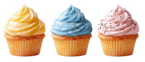 Three colorful cupcakes with swirled frosting in yellow, blue, and pink, adorned with sprinkles, set against a clean white background, ideal for dessert menus or baking blogs