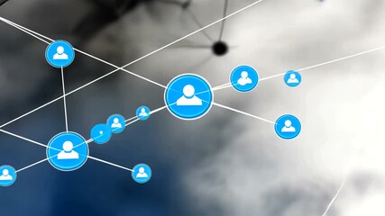 Blue people icons connected by lines with a soft grey and white background - Powered by Adobe