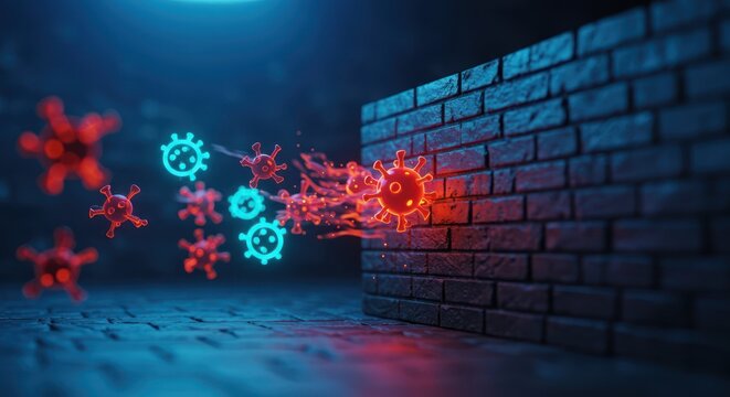 Immune response against virus cells on brick wall, medical concept