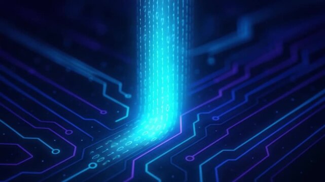 Digital Technology Circuit Board with Glowing Lines and Binary Code in Futuristic Design Showcasing Data Flow and Abstract Concepts